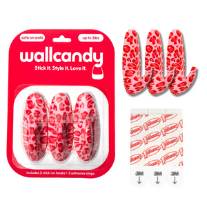 WallCandy Pink Cheetah adhesive wall hooks set with 3 hooks and 3 Command adhesive strips, safe on walls and holds up to 3 lbs.