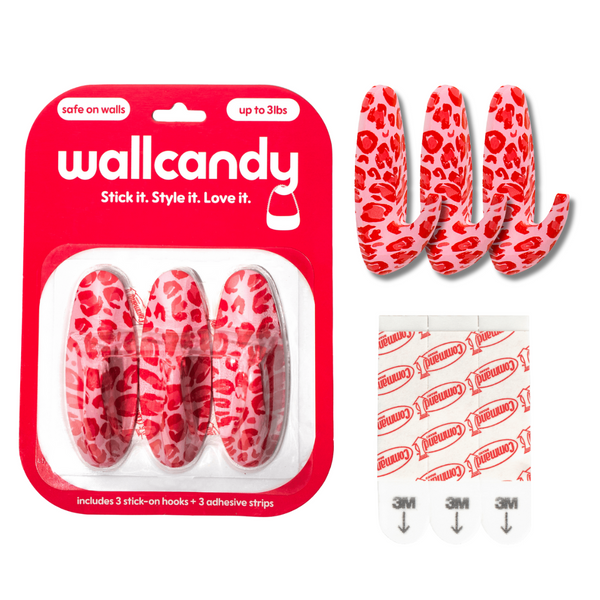 WallCandy Pink Cheetah adhesive wall hooks set with 3 hooks and 3 Command adhesive strips, safe on walls and holds up to 3 lbs.