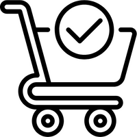 Outline of a shopping cart with a check mark inside on a white background
