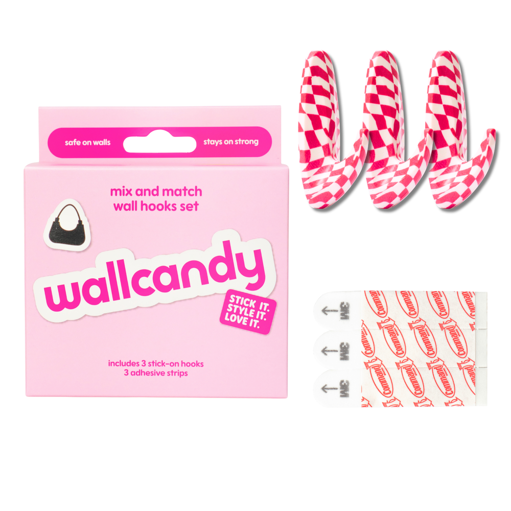 WallCandy Pink Checker Stick-On Wall Hooks with 3M Command Strips | 3 Pack