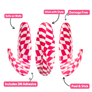 WallCandy Pink Checker Stick-On Wall Hooks with 3M Command Strips | 3 Pack