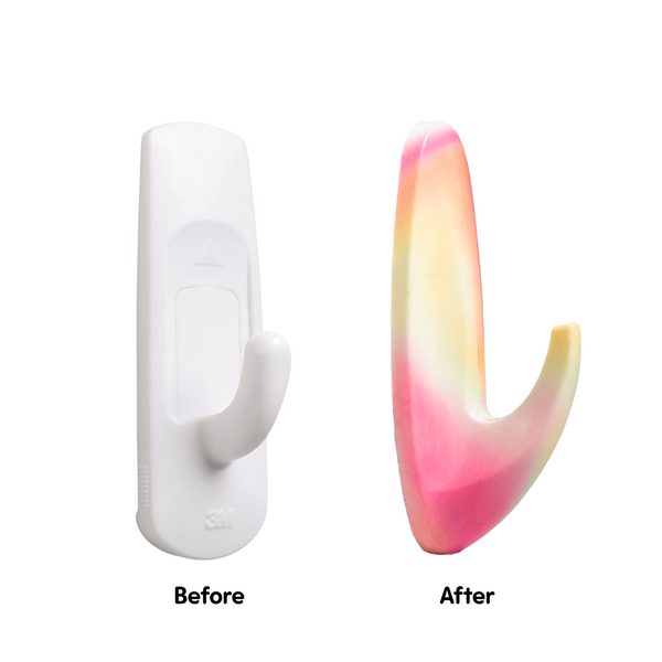 Before and after comparison of a white hook and a colorful gradient hook on a white background.