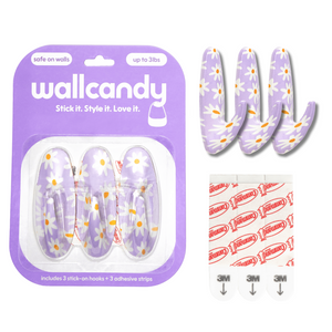Wallcandy hook set with packaging and adhesive strips on a white background