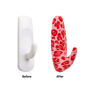 Before and after comparison of a white hook and a red leopard print hook on a white background.