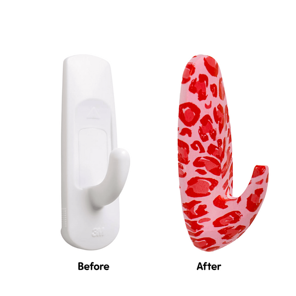 Before and after comparison of a white hook and a red leopard print hook on a white background.