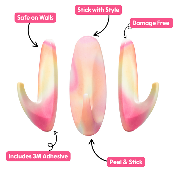 Decorative hooks with pink and yellow gradient, featuring text on their benefits.