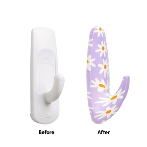 Before and after comparison of a white hook and a purple hook with floral pattern on a white background.