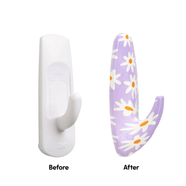 Before and after comparison of a white hook and a purple hook with floral pattern on a white background.