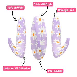 Purple floral decorative stickers with text highlighting features on a white background