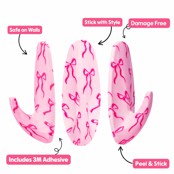 WallCandy Pink Bow Stick-On Wall Hooks with 3M Command Strips | 3 Pack