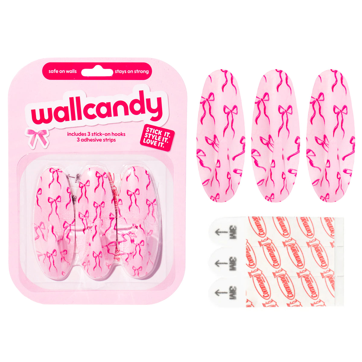 WallCandy Pink Bow Stick-On Wall Hooks with 3M Command Strips | 3 Pack