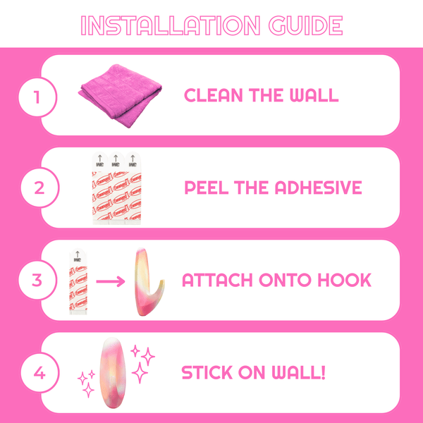 Installation guide for wall decor with steps on a pink background