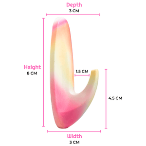 Measurement chart of a pink and yellow object with dimensions labeled.