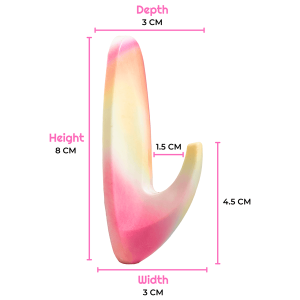Measurement chart of a pink and yellow object with dimensions labeled.