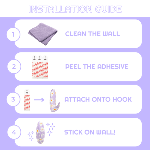 Installation guide for wall decorations with steps and images on a purple background