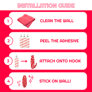 Installation guide for wall decoration with steps and icons on a red background
