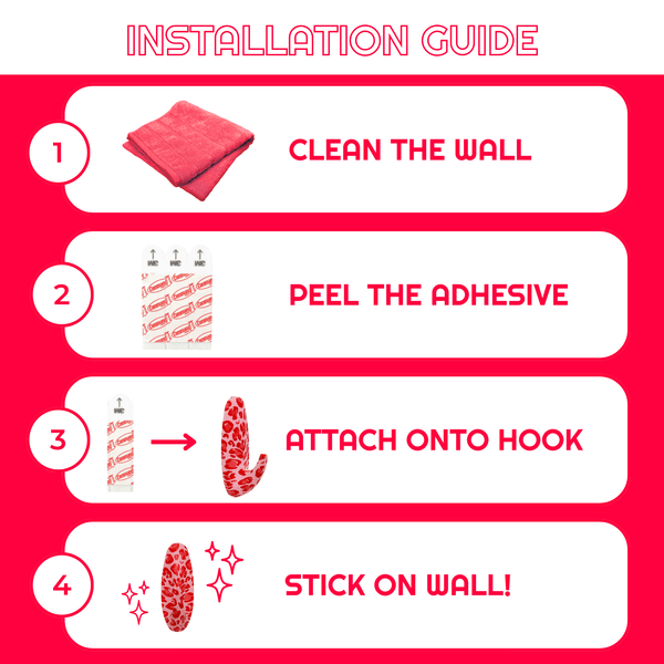 Installation guide for wall decoration with steps and icons on a red background