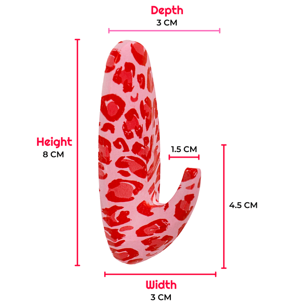 Measurement chart of a pink and red leopard print object with dimensions labeled.
